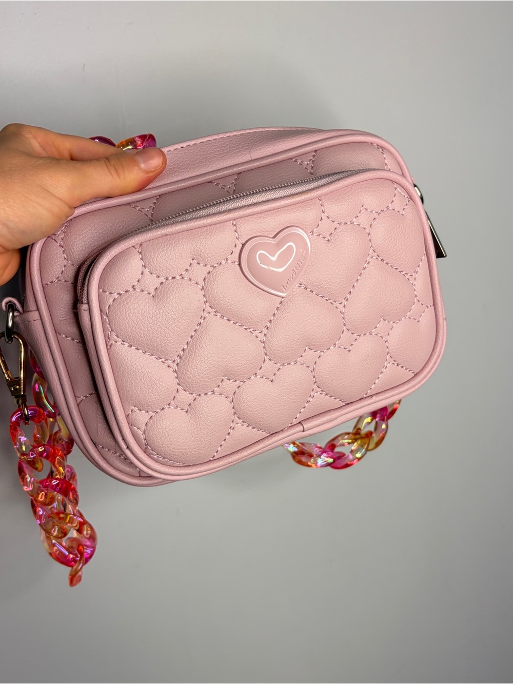 Luv Betsy Pink Quilted Heart Crossbody Bag with Chain Strap Purse - Picture 9 of 11